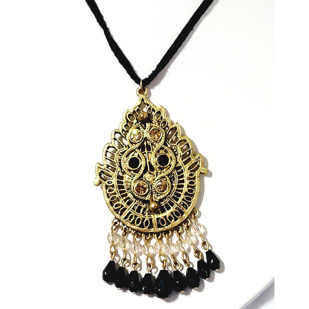 Ornate Bohemian Pendant Necklace Gold-tone Black Dangles Statement bk01-57